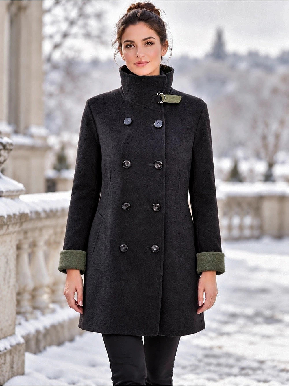 Yansi Fugel Black Wool Angora Funnel Neck Pea Coat Y2K Size L
